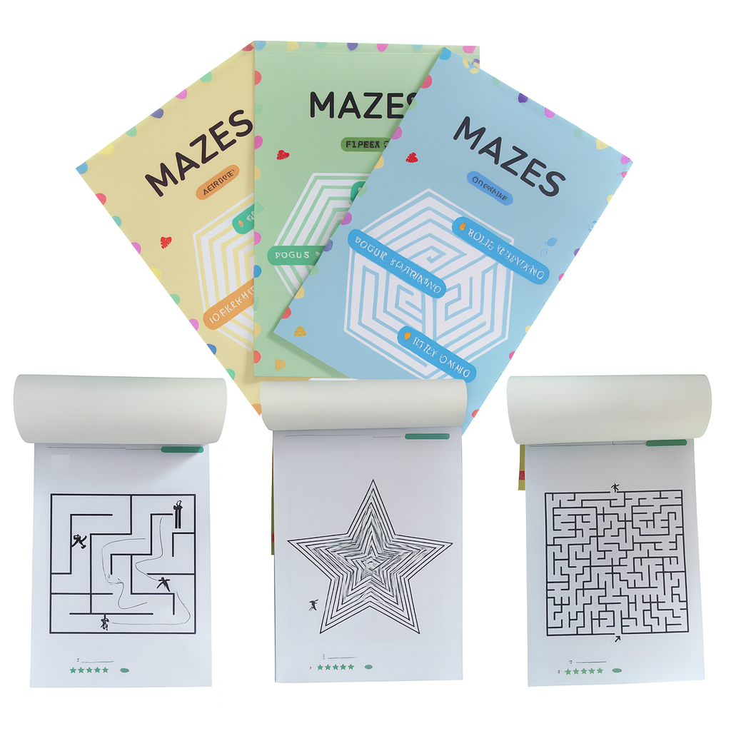 Livro de labirintos com 192 desafios – um jogo que estimula a lógica e a concentração