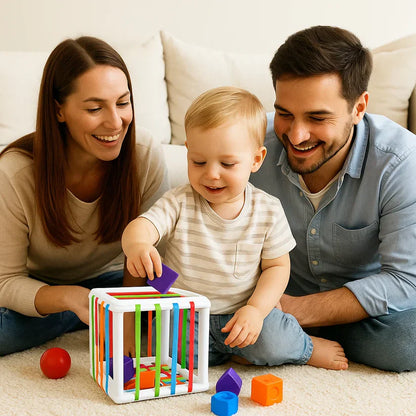 Caixa de triagem de formas para desenvolver a motricidade e o aprendizado inicial das crianças
