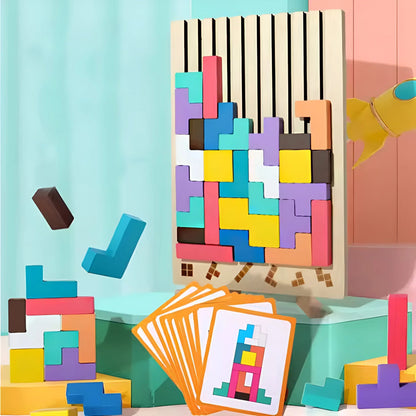 Tetris de Madeira Montessori – Jogo Educativo de Construção 3D para Crianças