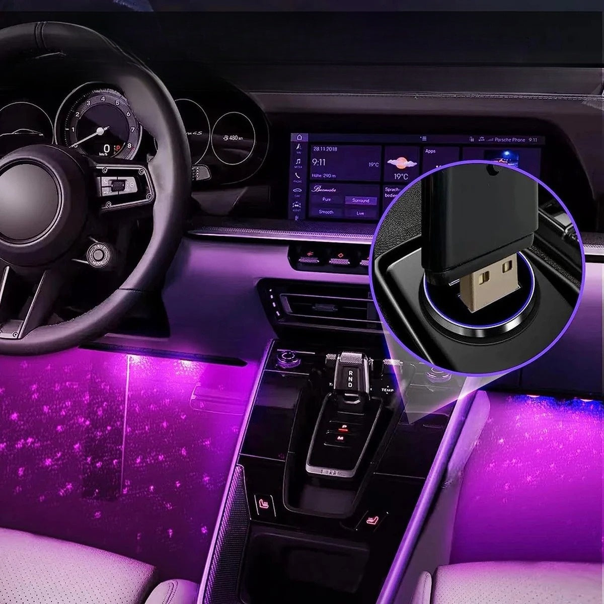 Iluminação interior RGB sem fios – as cores acompanham a música