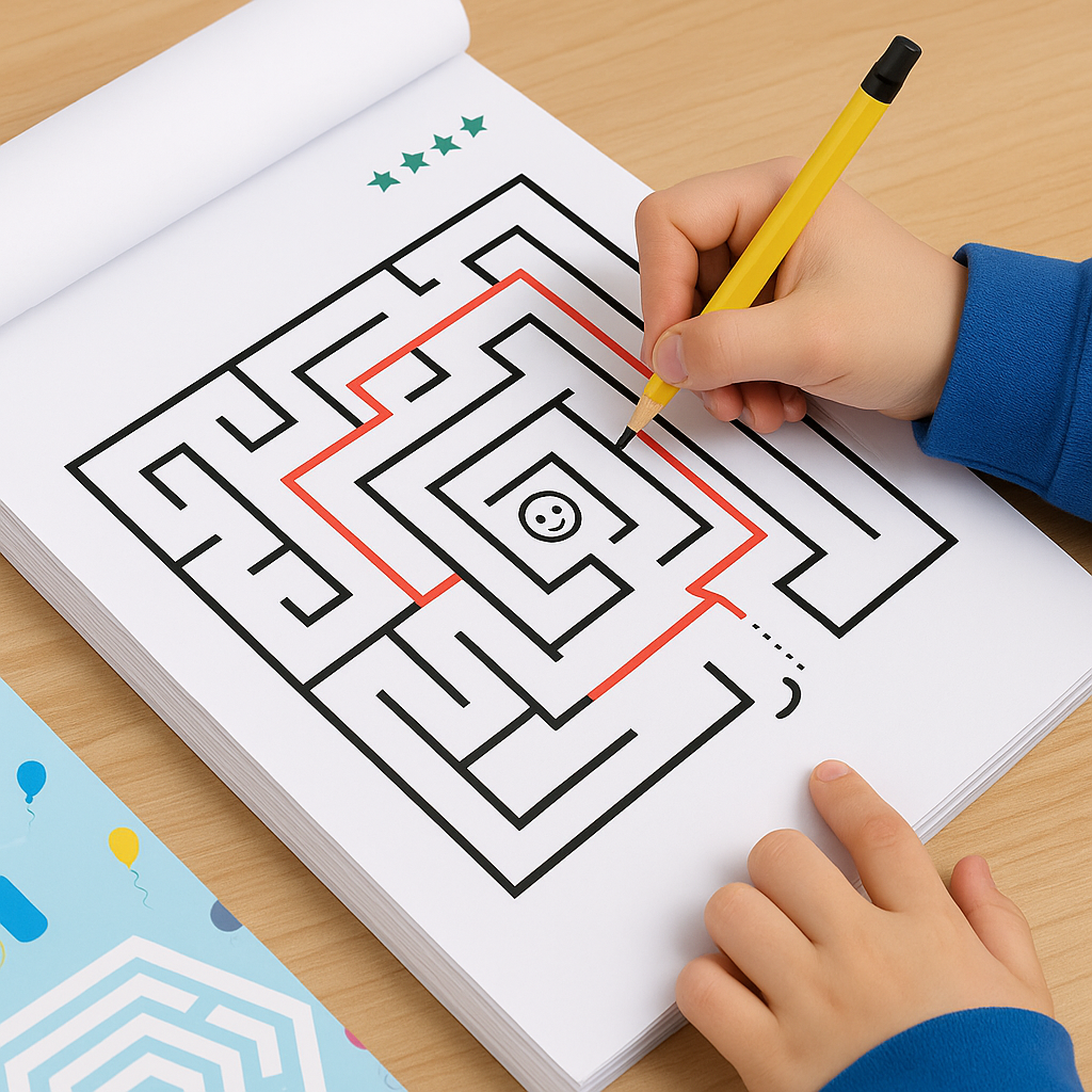 Livro de labirintos com 192 desafios – um jogo que estimula a lógica e a concentração