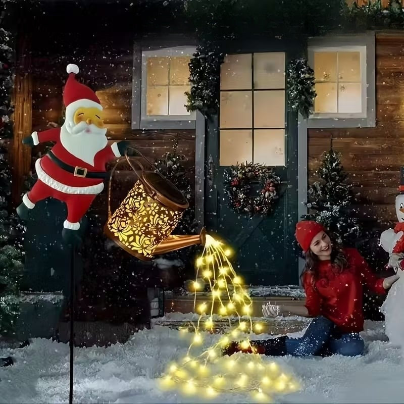 Regador do Pai Natal com painéis solares e suporte para espetar no chão